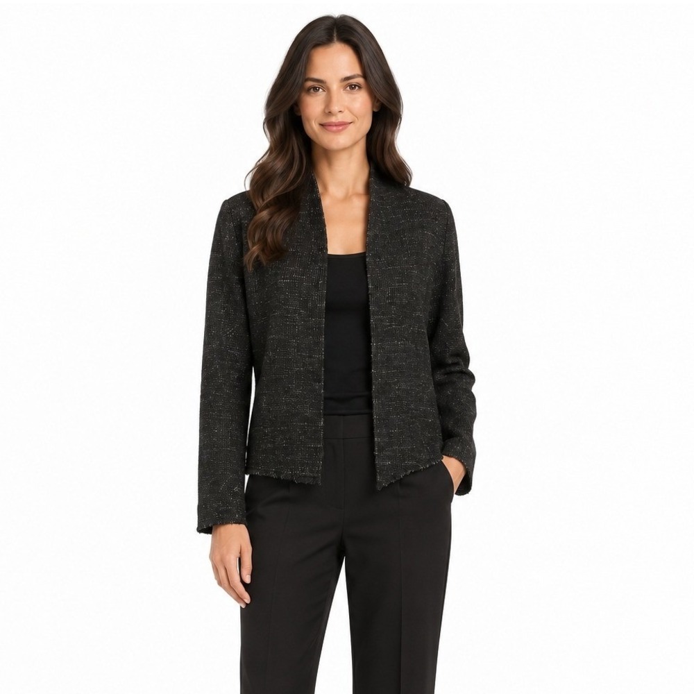Eileen Fisher Black Wool Linen Blend Textured Open Front Blazer Jacket Size XS